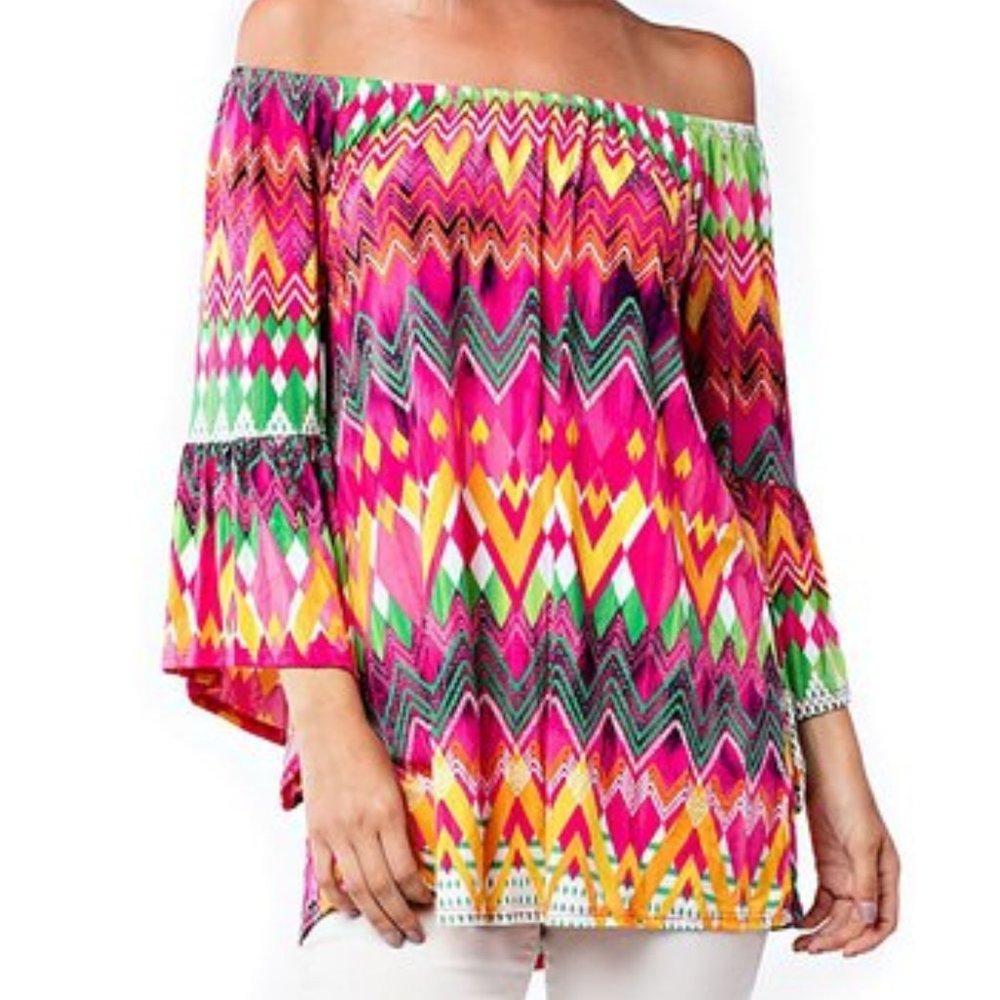 Fuchsia & Orange GeoBell-Sleeve Off-Shoulder Tunic